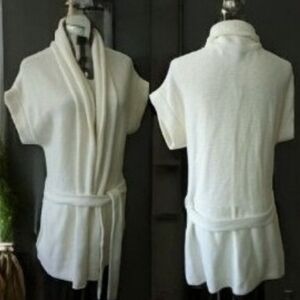 LONG SWEATER BOHO CARDIGAN OFF WHITE BELTED POCKETS DOLMAN SLEEVE WOMENS M/L